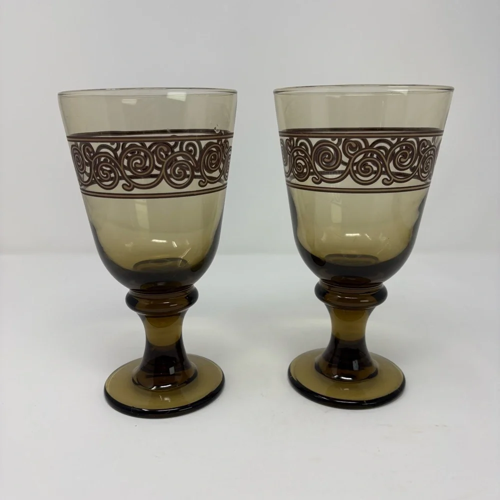 Vintage Amber Glass Goblet with Swirl Design Set of Two 7” Tall Glasses 16 Oz